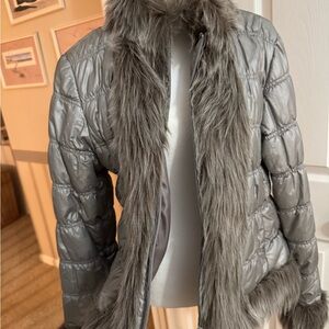 INC International Concepts Silver Puffer Jacket with Faux Fur Trim